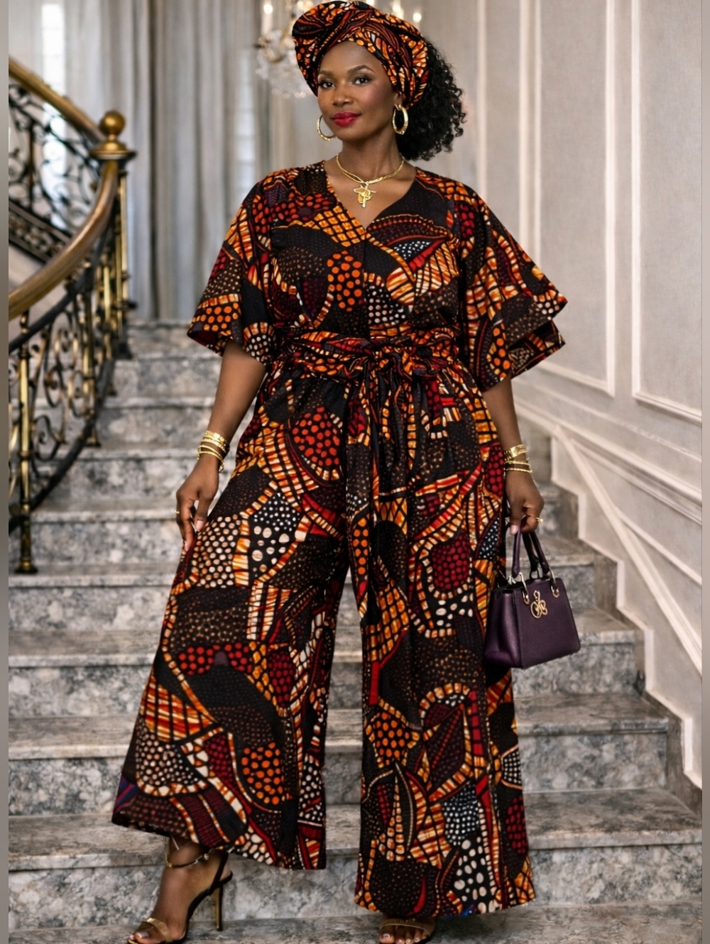 Free-Size African Print Wide-Leg Pants Blouse & Palazzo  - Fits M to 2XL